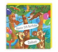 Hunts England - Godson 5th Monkey Birthday Card - Happy 5th Birthday - Godson - Monkeys, Giraffes & Parrots Kids Card - Jungle Collection