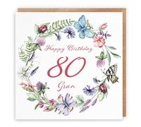 Hunts England - Gran 80th Birthday Card - Happy Birthday - 80 - Gran - Meadow Collection - Flowers, Butterflies, Pretty Card