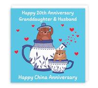 Hunts England - Granddaughter And Husband 20th Anniversary Card - China Anniversary - 20 Years - Cute Fun Bears Card - Love Story Collection