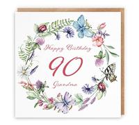 Hunts England - Grandma 90th Birthday Card - Happy Birthday - 90 - Grandma - Meadow Collection - Flowers, Butterflies, Pretty Card