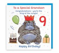 Hunts England Grandson 9th Birthday Card Grumpy Gorilla Funny Cheeky | Animal Party, Funny, Animal, Colourful, Fun, Nineth, Age 9, Nine, Male, For Him, Boys, Kids, Children, 14.5 x 14.5 cm