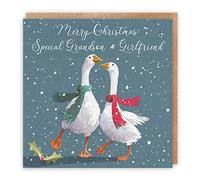 Hunts England - Grandson And Girlfriend Stunning Artistic Christmas Card - Merry Christmas - Special Grandson & Girlfriend - Festive Geese - Milos Gallery Collection