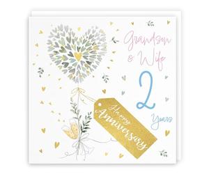 Hunts England - Grandson And Wife 2nd Anniversary Card - 2 Years - Contemporary Hearts - Gold Foil - 2nd Wedding Anniversary Card For Grandson And Wife - Milo's Gallery