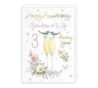 Hunts England - Grandson And Wife 3rd Anniversary Card - A5 Size - Champagne Flutes - Gold Foil - 3rd Anniversary Card For Grandson And Wife - Milo's Gallery