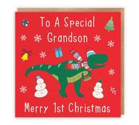 Hunts England - Grandson's 1st Christmas Card - To A Special Grandson - Merry 1st Christmas - Dinosaur Collection