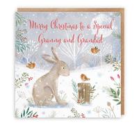 Hunts England - Granny And Grandad Cute Hare Christmas Card - Nature's Treasures - For Her, Female - Happy Animal Wildlife Cute Merry Xmas Card - From Grandson, Granddaughter, Grandchildren