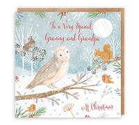 Hunts England - Granny And Grandpa Cute Owl Christmas Card - Nature's Treasures - Happy Animal Wildlife Merry Xmas Card - Robin, Mouse, Squirrel - From Grandson, Granddaughter, Grandchildren