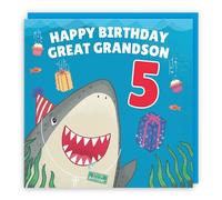 Hunts England - Great Grandson 5th Cute Shark Birthday Card - Happy Birthday - Great Grandson - 5 - Children's/Kids Card - Ocean Collection