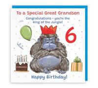 Hunts England Great Grandson 6th Birthday Card Grumpy Gorilla Funny Cheeky | Animal Party, Funny, Animal, Colourful, Fun, Sixth, Age 6, Six, Male, For Him, Boys, Kids, Children, 14.5 x 14.5 cm
