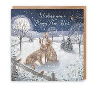 Hunts England - Happy New Year Card - 'Snowy Hares' - Wishing You A Happy New Year - Milo's Gallery Collection - For Men, Women, Family, Friends, etc.