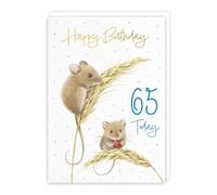 Hunts England - Harvest Mice Male 65th Gold Foil Birthday Card For Him - Blue - A5 Size - Mouse On Wheat, Colourful Nature Design - Age 65 Happy Birthday Card - Milo's Gallery