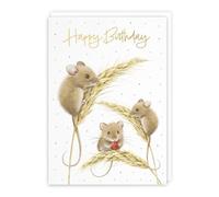 Hunts England - Harvest Mice Male Gold Foil Birthday Card For Him - Blue - A5 Size - Mouse On Wheat, Colourful Nature Design - Happy Birthday Card For Men, Boys - Milo's Gallery