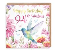Hunts England - Hummingbird 94th Birthday Card For Her - With Gold Foil - Pretty Flowers - Milo's Gallery - Age 94 - Age Ninety Four Female Birthday Card - 94 Year Old - Women's 94th