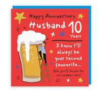 Hunts England Husband 10th Wedding Anniversary Card Big Beer Funny Cheeky | Laugh Out Loud, Funny, Bold, Colourful, Humorous, 10th Tin, 10 Years, Male, For Him, Men, 14.5 x 14.5 cm