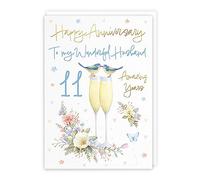 Hunts England - Husband 11th Anniversary Card - A5 Size - Champagne Flutes - Gold Foil - 11th Anniversary Card For Husband - Eleven Years - 11th Anniversary - Milo's Gallery