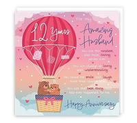 Hunts England - Husband 12th Anniversary Poem Card - Love Is In The Air - Beautiful Love Verse - Cute Bears - Luxury 12th Anniversary Card For Husband - Romantic 12 Years Husband Anniversary Card