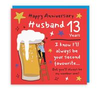 Hunts England Husband 13th Wedding Anniversary Card Big Beer Funny Cheeky | Laugh Out Loud, Funny, Bold, Colourful, Humorous, 13th Lace, 13 Years, Male, For Him, Men, 14.5 x 14.5 cm