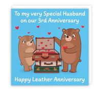 Hunts England - Husband 3rd Anniversary Card - Leather Anniversary - Third Anniversary - 3 Years - Cute Fun Bears Card - Love Story Collection