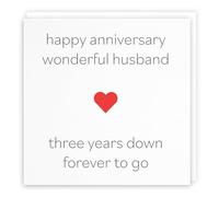 Hunts England - Husband 3rd Wedding Anniversary Card - Happy Anniversary Wonderful Husband - Three Years Down Forever To Go - Red Heart Collection