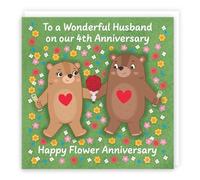 Hunts England - Husband 4th Anniversary Card - Flower Anniversary - Fourth Anniversary - 4 Years - Cute Fun Bears Card - Love Story Collection