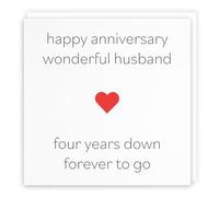 Hunts England - Husband 4th Wedding Anniversary Card - Happy Anniversary Wonderful Husband - Four Years Down Forever To Go - Red Heart Collection - Fun Card