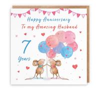 Hunts England Husband 7th Wedding Anniversary Card Happily Ever After Cute | Little Whiskers, Romantic, Hearts, Charming, Adorable, Romantic, 7th Wool, 7 Years, Male, For Him, Men