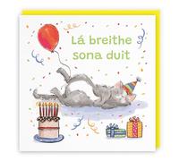 Hunts England - Irish Gaelic Language Birthday Card - Lá Breithe Sona Duit - Sleepy Cat - Cake, Colourful, Presents, Balloon - For Him, Her, Women, Men, Boys, Girls, Kids, Children - Animal Party