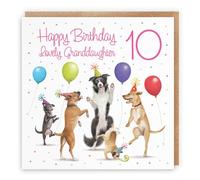 Hunts England - Large 10th Granddaughter Birthday Card - Dancing Dogs - Lovely Granddaughter - Age 10 - Funny Girl's 10th Birthday Card - Milo's Gallery - Age Ten - 210 x 210 mm