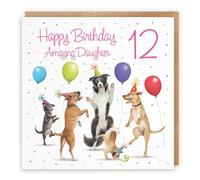 Hunts England - Large 12th Daughter Birthday Card - Dancing Dogs - Amazing Daughter - Age 12 - Funny Girl's 12th Birthday Card - Milo's Gallery Collection - Age Twelve - 210 x 210 mm