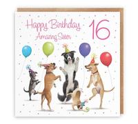 Hunts England - Large 16th Sister Birthday Card - Dancing Dogs - Amazing Sister - Age 16 - Girl's 16th Birthday Card - Milo's Gallery - Funny - 210 x 210 mm