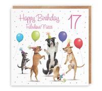 Hunts England - Large 17th Niece Birthday Card - Dancing Dogs - Fabulous Niece - Age 17 - Girl's 17th Birthday Card - Milo's Gallery - Funny - 210 x 210 mm