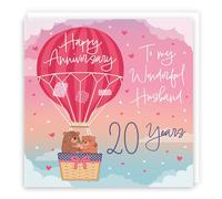 Hunts England - Large 20th Husband Hot Air Balloon Anniversary Card - Cute Bears - 20th Anniversary Card For Husband - Romantic Husband 20th Anniversary Card - Champagne And Love Hearts - 210 x 210 mm