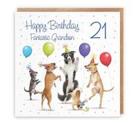 Hunts England - Large 21st Grandson Birthday Card - Dancing Dogs - Fantastic Grandson - Age 21 - Funny Men's 21st Birthday Card - Milo's Gallery - Age Twenty One - 210 x 210 mm