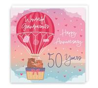 Hunts England - Large 50th Grandparents Hot Air Balloon Anniversary Card - Cute Bears Collection - 50th Anniversary Card For Grandparents - Champagne And Love Hearts - 210 x 210 mm