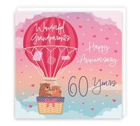 Hunts England - Large 60th Grandparents Hot Air Balloon Anniversary Card - Cute Bears Collection - 60th Anniversary Card For Grandparents - Champagne And Love Hearts - 210 x 210 mm