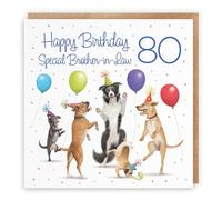 Hunts England - Large 80th Brother-in-Law Birthday Card - Dancing Dogs - Special Brother-in-Law - Age 80 - Funny Men's 80th Birthday Card - Milo's Gallery - Age Eighty - 210 x 210 mm