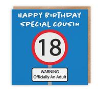 Hunts England - Large Cousin 18th Birthday Card - Happy Birthday - Special Cousin - Warning Officially An Adult - Road Sign Collection - Large - 210 x 210 mm - Fun Card - Age 18