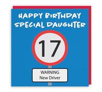 Hunts England - Large Daughter 17th Birthday Card - Large Size - Happy Birthday - Special Daughter - Warning New Driver - Road Sign Collection - Large - 210 x 210 mm - Red Envelope - Age 17