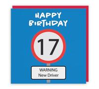 Hunts England - Large Funny 17th Birthday Card - Large Size - Happy Birthday - Warning New Driver - Road Sign Collection - Large - 210 x 210 mm - Red Envelope - Age 17
