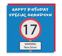 Hunts England - Large Grandson 17th Birthday Card - Large Size - Happy Birthday - Special Grandson - Warning New Driver - Road Sign Collection - Large - 210 x 210 mm - Red Envelope - Age 17