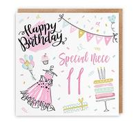 Hunts England - Large Niece 11th Birthday Card - Happy Birthday - Special Niece - 11 - Party Collection - Large - 210 x 210 mm - Fun Pretty Card - Age 11