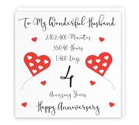 Hunts England - Large Romantic Husband 4th Wedding Anniversary Card - To My Wonderful Husband - 4 Amazing Years - Timeless Collection - Large - 210 x 210 mm