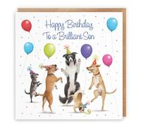 Hunts England - Large Son Birthday Card For Men/Boys - Dancing Dogs - To A Brilliant Son - Children's/Adult's Birthday Card - Milo's Gallery - Funny - 210 x 210 mm