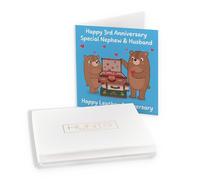 Hunts England - Luxury Boxed Same Sex Nephew And Husband 3rd Anniversary Card - Leather Anniversary - Third Anniversary - 3 Years - Cute Fun Bears Card - Love Story Collection - Card In Keepsake Box