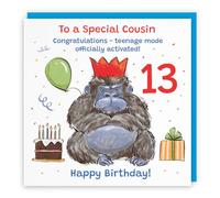 Hunts England Male Cousin 13th Birthday Card Grumpy Gorilla Funny Cheeky | Animal Party, Funny, Animal, Colourful, Fun, Thirteen, Age 13, For Him, Boys, Kids, Children, 14.5 x 14.5 cm