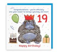 Hunts England Men's 19th Birthday Card Grumpy Gorilla Funny Cheeky | Animal Party, Funny, Animal, Colourful, Fun, Nineteen, Age 19, Male, For Him, 14.5 x 14.5 cm