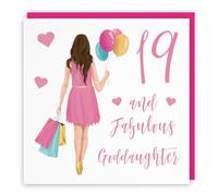 Hunts England - Modern Goddaughter 19th Birthday Card - Balloons Hearts - Pink, Dress, Shopping, Pretty - Nineteen, Age 19 - Female, For Her, Women - Iconic - 14.5 x 14.5 cm