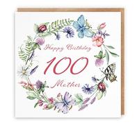 Hunts England - Mother 100th Birthday Card - Happy Birthday - 100 - Mother - Meadow Collection - Flowers, Butterflies, Pretty Card