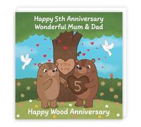 Hunts England - Mum And Dad 5th Anniversary Card - Wood Anniversary - Fifth Anniversary - 5 Years - Cute Fun Bears Card For Parents - Love Story Collection