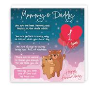 Hunts England - Mummy And Daddy 1st Anniversary Card - Starry Night - Cute Bears - Verse 1st Anniversary Card For Mummy And Daddy - Happy 1st Anniversary Poem Card For Parents